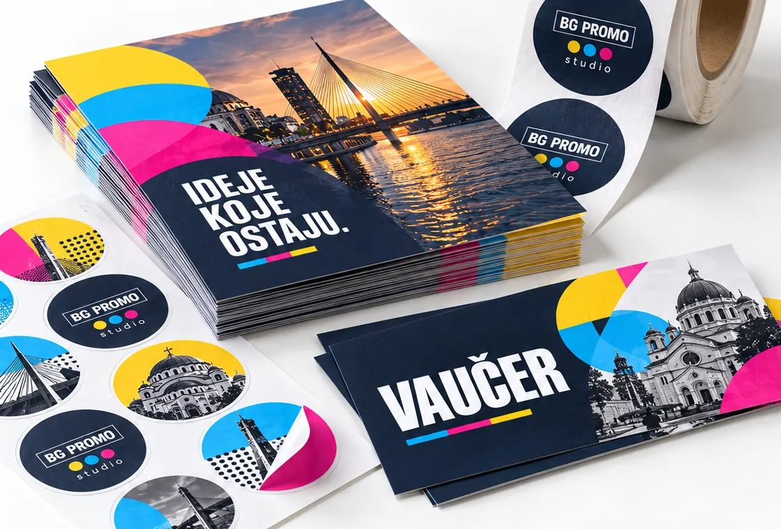 Flajeri, okrugle nalepnice na roli i poklon vaučeri sa BG Promo dizajnom