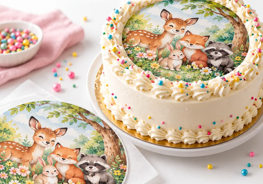 Torta sa okruglom jestivom slikom šumskih životinja i posebna jestiva slika pored nje
