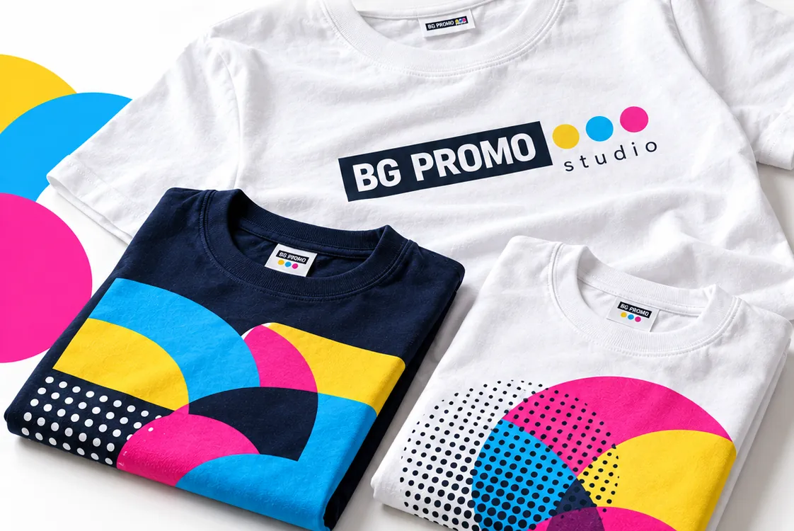 Bela i tamnoplava majica sa CMYK printom i logom BG Promo studija