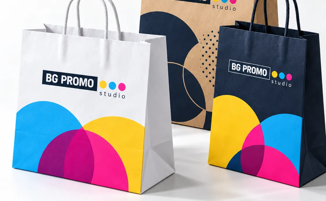 Bela, kraft i tamnoplava papirna kesa sa logom BG Promo studija