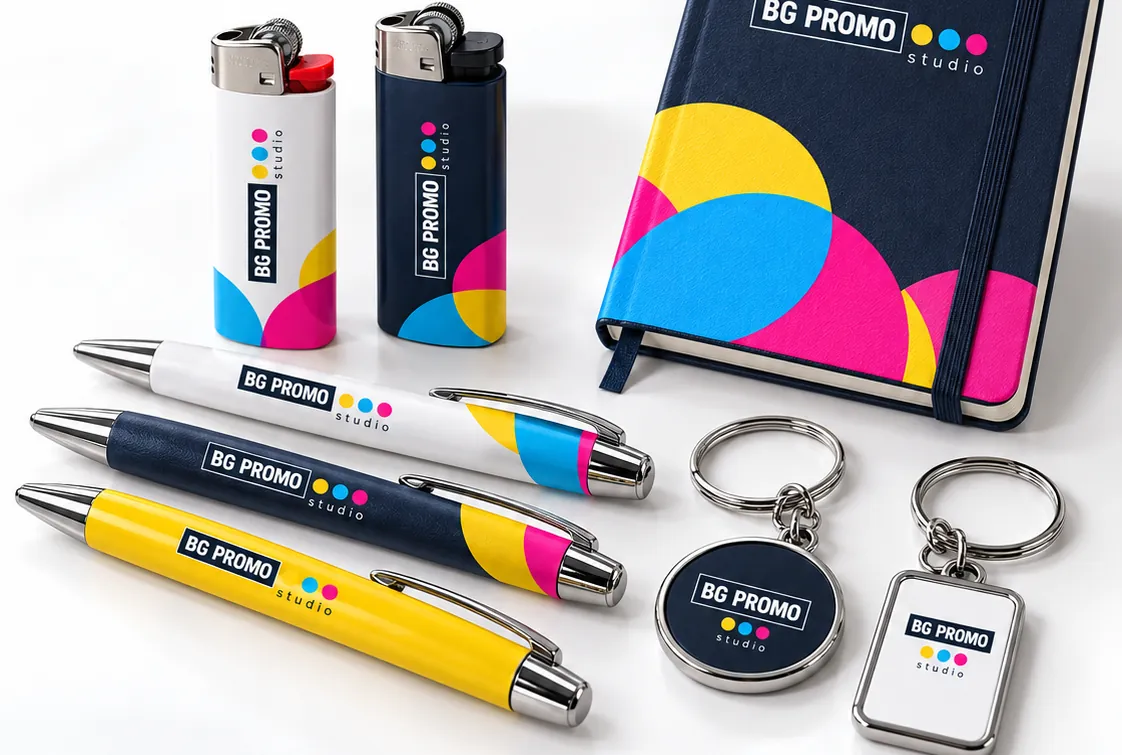Olovke, upaljači, privesci i rokovnik sa logom BG Promo studija